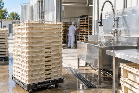 Clean wooden baking trays stack undergoing professional sanitization process in modern bakery production facility with stainless steel sink