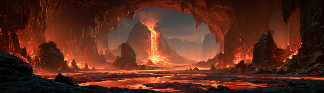 Volcanic cavern glows with molten lava and fiery embers.