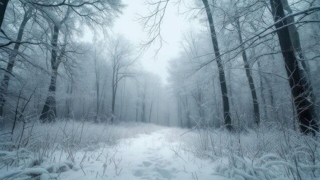 Snowy path through a misty forest