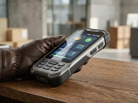 Gloved hand holding a rugged delivery scanner device. Mobile terminal with tracking interface on screen in a warehouse. Logistics and shipping concept