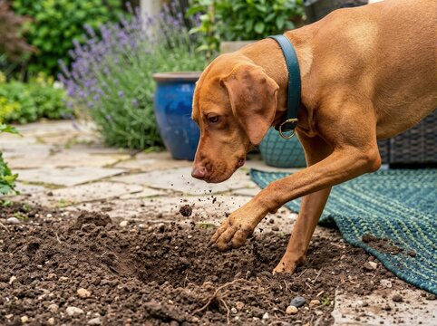 Brown dog digging a hole in the dirt in a backyard. Active canine with blue collar playing in the garden. Pet behavior and instinct concept