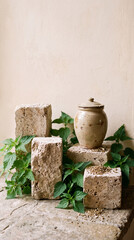 Fototapeta premium Rough travertine stone blocks podium with fresh stinging nettle for organic product display