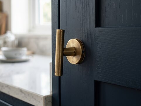Close up of a loose brass T-bar handle on a dark blue painted wooden cabinet door. Metal hardware needing repair in a modern kitchen. Home improvement and DIY maintenance concept