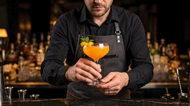 Professional bartender holding a vibrant orange cocktail in a coupe glass. Mixologist in a black apron presenting a drink garnished with mint and orange peel at a dark marble bar
