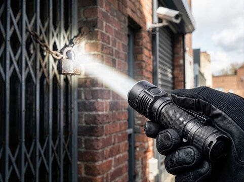Gloved hand holding tactical flashlight shining bright beam on padlock and chain. Security guard patrolling and inspecting locked metal gate