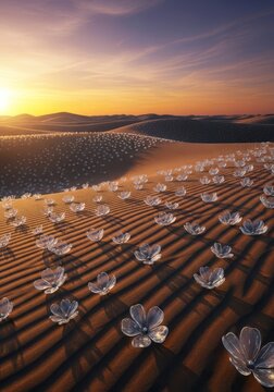 A sprawling desert landscape is covered in delicate transparent glass flowers that glisten under the golden sun across sandy dunes at dusk, dry, surreal, warmth