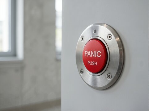 Close up of a red wall mounted panic button. Emergency push alarm switch in a brushed metal ring. Security and safety concept. Copy space for text