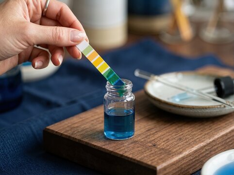 Hand holding a pH test strip over a glass vial of blue liquid. Chemical color change reaction in a laboratory setting. Science and analysis concept