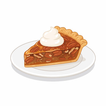 A slice of pecan pie with golden crust, caramelized pecans, and glossy filling, served with a dollop of whipped cream in a warm flat dessert illustration.