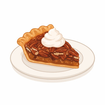 A slice of pecan pie with golden crust, caramelized pecans, and glossy filling, served with a dollop of whipped cream in a warm flat dessert illustration.