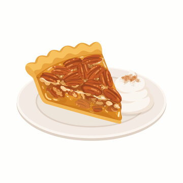 A slice of pecan pie with golden crust, caramelized pecans, and glossy filling, served with a dollop of whipped cream in a warm flat dessert illustration.