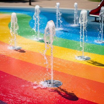 Vibrant water fountain jets spray cool mist over a colorful wet playground floor under the bright sun, creating a refreshing atmosphere, movement, atmosphere, splash