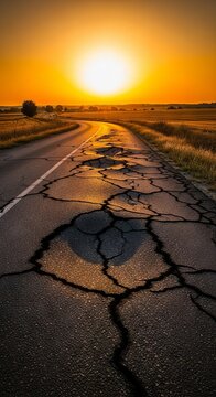 A winding asphalt road through a rural landscape shows severe heat damage with deep cracks and buckling surfaces under a blazing sun, scenic, outdoors, rural