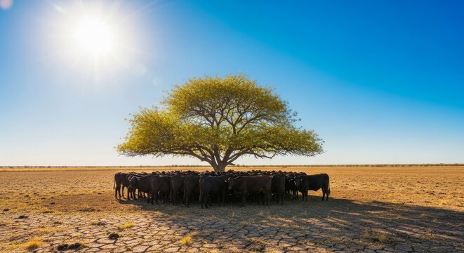 A herd of cattle huddles under the sparse shade of a lone tree in a dry, dusty field as a harsh summer sun blazes down during a heatwave, warming, animal, extreme