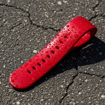 A flexible rubber sport band lies on a hot pavement during a heatwave, appearing sticky with visible sweat droplets and a glossy residue, sport, sunlight, sunlit