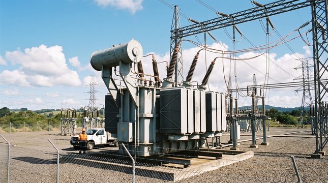 Worker inspects a transformer at a power substation. High voltage equipment stands beneath blue sky. Utility infrastructure supports reliable energy transmission.