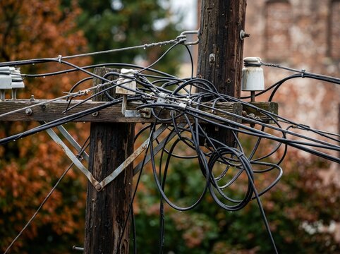 Tangled mess of black wires on wooden utility pole. Wet electrical cables with ceramic insulators after rain. Complex infrastructure