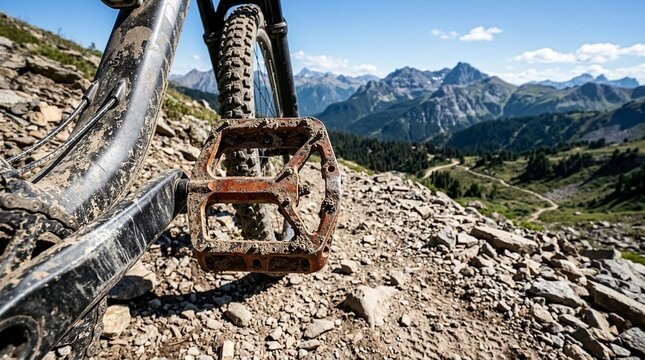 Close up of muddy mountain bike pedal on rocky alpine trail. Off road bicycle drivetrain against scenic mountain range