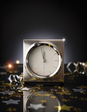 A modern squarecased analog clock sits on a reflective dark surface surrounded by gold and silver starshaped confetti