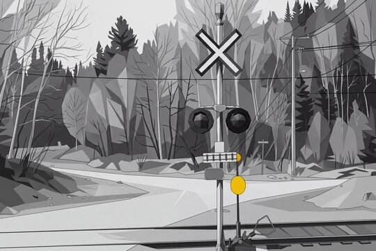 Stylized monochrome illustration of a railroad crossing signal and train tracks beside a rural forest road