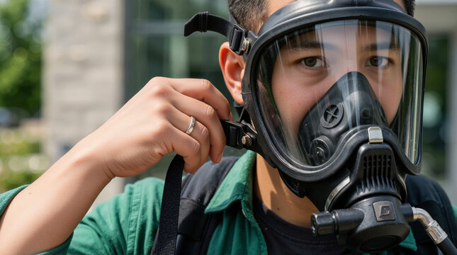 Close up of firefighter adjusting breathing mask strap. Asian rescue worker preparing SCBA apparatus equipment