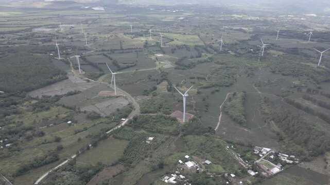 Aereal drone view of san antonio wind farm in santa elena barillas guatemala