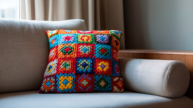 colorful granny square crochet cushion brings a vibrant handmade accent to a neutral armchair, eclectic interior concept for textile craft, creative decor and home styling