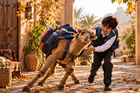 Camel Calf Stumbling In Oversized School Backpack