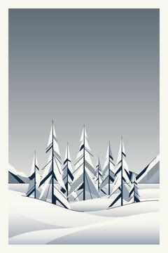 Minimalist geometric winter wonderland with pines forest modern retro style have blank space vertical template.