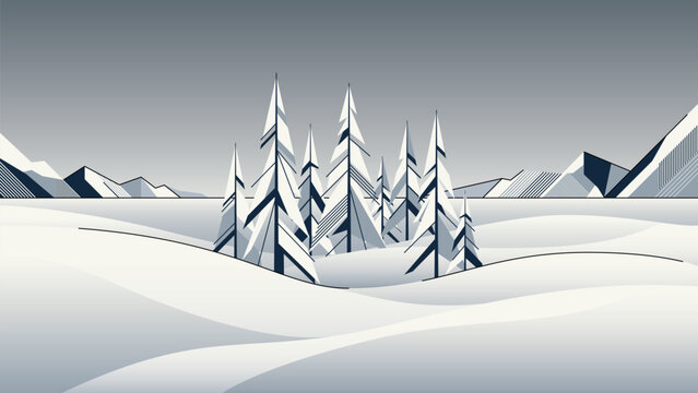 Minimalist geometric winter wonderland with pines forest modern retro style horizontal template.