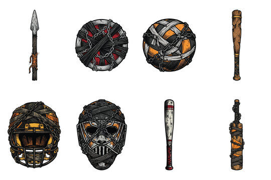 Post apocalyptic sports equipment vector illustration set with armored helmets bats and weaponized gear