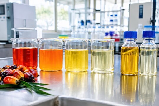 Palm oil extraction process showcasing vibrant red crude palm oil, bright orange palm olein, golden palm stearin, clear refined oil in modern industrial lab with clean workspace