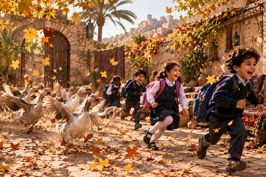 Geese Comically Chasing Schoolchildren Across Village Courtyard