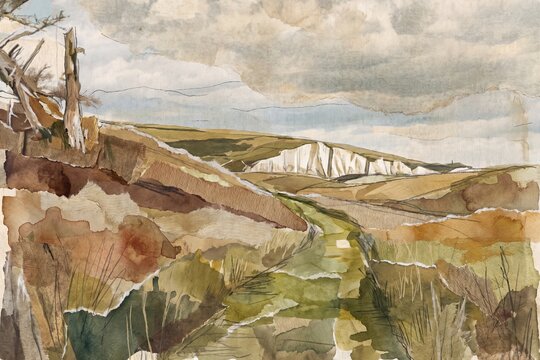 Mixed media collage illustration of rolling hills and a trail leading toward distant white cliffs