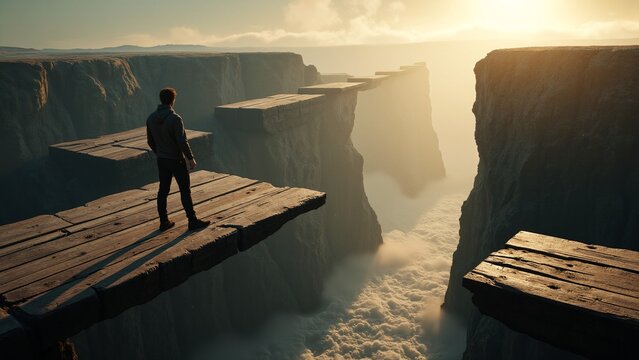 Man Crossing Floating Platforms to Higher Ledge