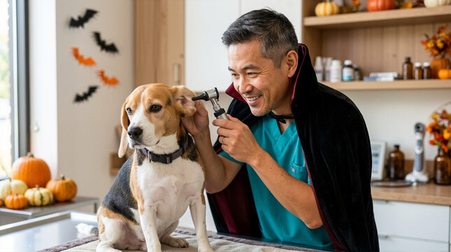 Male vet in vampire cape examining beagle dog ear with otoscope. Veterinarian checking pet health in decorated clinic