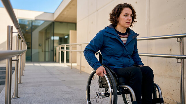 Woman in wheelchair using an outdoor accessibility ramp. Young female user navigating concrete ramp with handrails near modern building