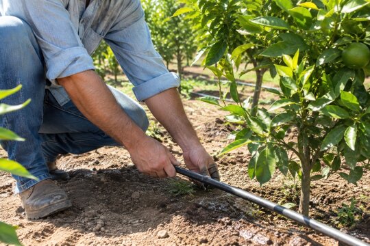 Professional farmer adjusting drip irrigation system in lush citrus grove with vibrant green trees under bright daylight