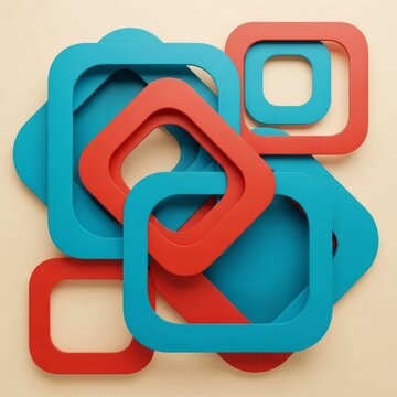 Abstract retro-modern geometric pattern featuring overlapping squares and rounded rectangles in ocean blue and burnt red on warm cream, texture, textile, style