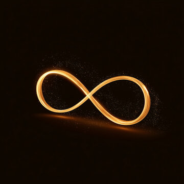 Golden Glowing Infinity Symbol with Sparkling Particles on Dark Background Abstract Eternity Concept