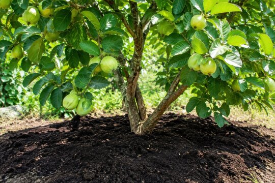 Lush green quince fruit trees bearing ripe yellow-green fruits in organic orchard with mulched soil and vibrant foliage, healthy agriculture concept