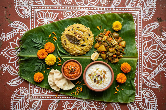 Traditional Durga Puja bhog thali with khichuri labra curry payesh chutney on banana leaf with marigold flowers and alpona background