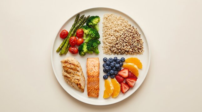 Healthy balanced meal plate with salmon fish vegetables grains and fresh fruits. food arrangement diagram