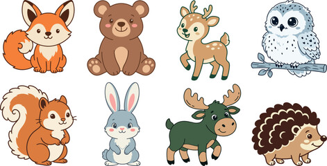 Obraz premium Cute cartoon forest animals set vector illustration with fox, bear, deer, owl, squirrel, rabbit, moose and hedgehog