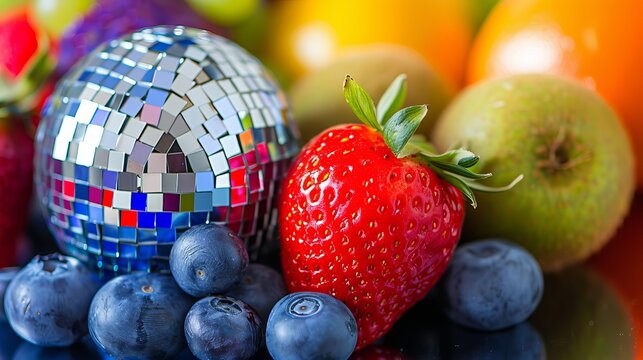 Vibrant fruit display accompanied by a shimmering disco ball for a festive atmosphere