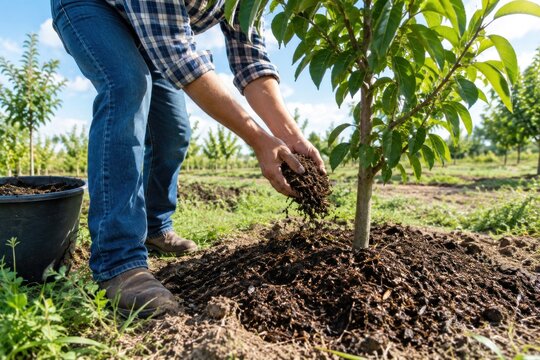Handsome gardener planting young fruit tree sapling in organic mulch covered soil of modern orchard during bright sunny day