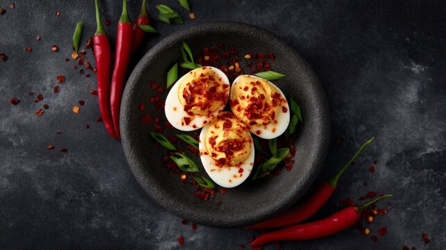 deviled eggs with spicy topping, sriracha chili flakes, bold flavor concept, editorial food image