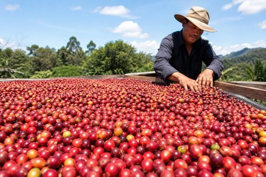 Fresh vibrant red coffee cherries drying on large outdoor mesh bed with farmer wearing hat sorting harvest under bright tropical sky
