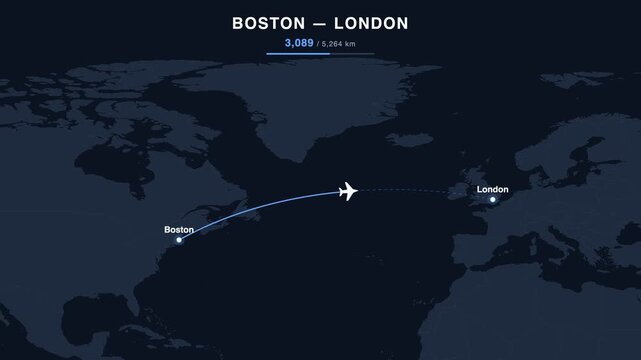 Flight route from Boston to London animated on a world map. Seamless looping 4K travel animation, 5,264 km.
