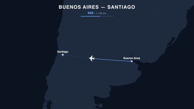 Flight route from Buenos Aires to Santiago animated on a world map. Seamless looping 4K travel animation, 1,139 km.